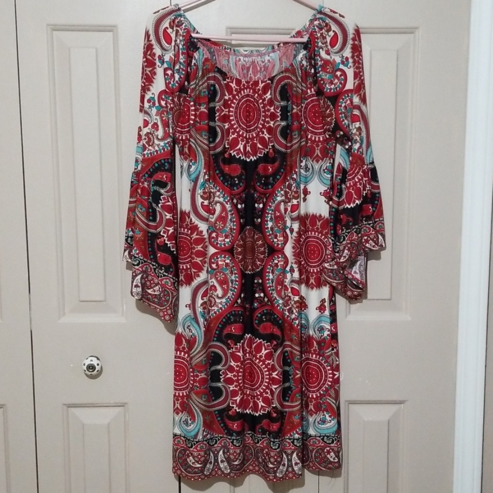 Red Paisley Long Sleeve Boho Dress - Women